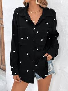 SHEIN Frenchy Áo sơ mi nữ Túi Nút phía trước Tim Giải trí - màu đen - Xem 3