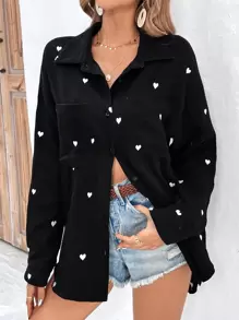 SHEIN Frenchy Áo sơ mi nữ Túi Nút phía trước Tim Giải trí - màu đen - Xem 4