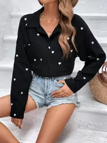 SHEIN Frenchy Áo sơ mi nữ Túi Nút phía trước Tim Giải trí - màu đen - Xem 5
