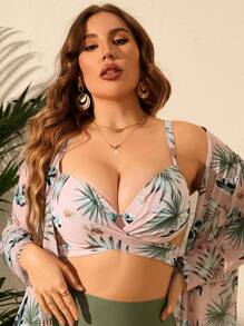 SHEIN Swim Curve Summer Plus Size Tropical Print Wrap Push Up Bikini Top - Multicolor - View 4
