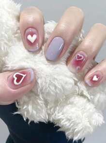 24pcs Long Square Heart Print Fake Nail & 1pc Nail File & 1sheet Tape - Multicolor - View 1