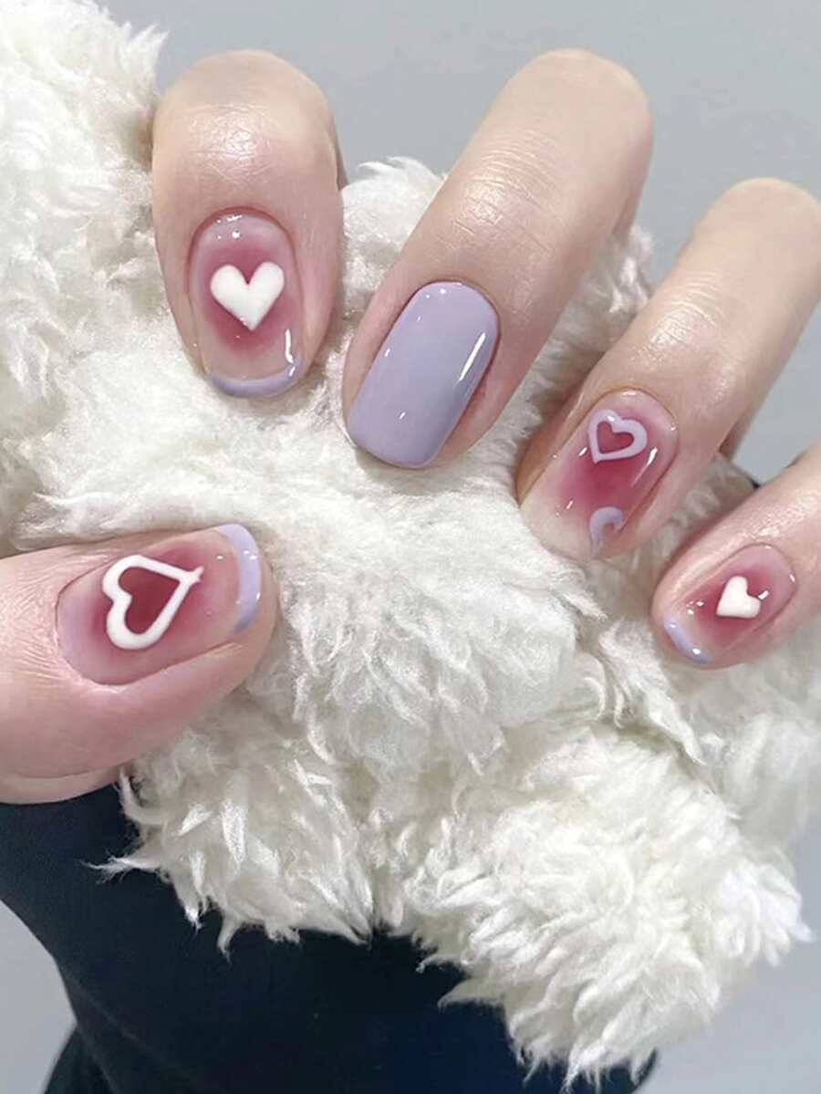 24pcs Long Square Heart Print Fake Nail & 1pc Nail File & 1sheet Tape - Multicolor - View 1