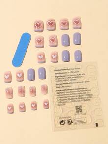 24pcs Long Square Heart Print Fake Nail & 1pc Nail File & 1sheet Tape - Multicolor - View 2