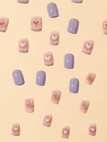 24pcs Long Square Heart Print Fake Nail & 1pc Nail File & 1sheet Tape - Multicolor - View 4