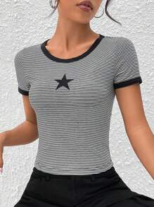 Muchica Áo thun nữ Thêu Tương phản ràng buộc Hình học Sọc Giải trí - Đen và trắng - Xem 3