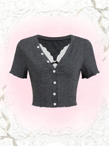 蕾絲拼接前紐扣木耳邊短款T恤 - 深灰色 - 查看 1