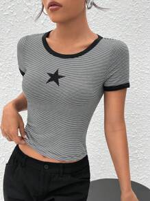 Muchica Áo thun nữ Thêu Tương phản ràng buộc Hình học Sọc Giải trí - Đen và trắng - Xem 4