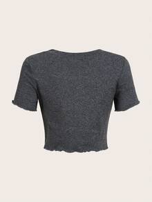 蕾絲拼接前紐扣木耳邊短款T恤 - 深灰色 - 查看 2