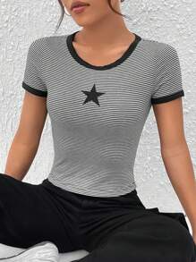 Muchica Áo thun nữ Thêu Tương phản ràng buộc Hình học Sọc Giải trí - Đen và trắng - Xem 5