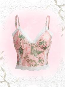 印花蕾絲拼接吊帶上衣 - 粉色 - 查看 1