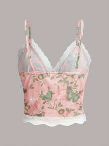 印花蕾絲拼接吊帶上衣 - 粉色 - 查看 2