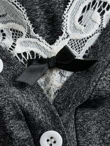 蕾絲拼接前紐扣木耳邊短款T恤 - 深灰色 - 查看 3