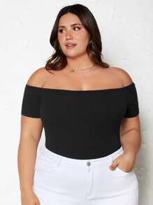 SHEIN BASICS 加肥型露肩帶肋編織連身衣 - 黑色 - 查看 1