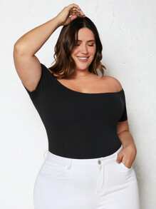 SHEIN BASICS 加肥型露肩帶肋編織連身衣 - 黑色 - 查看 3