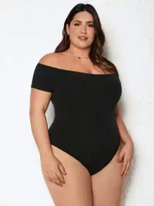 SHEIN BASICS 加肥型露肩帶肋編織連身衣 - 黑色 - 查看 5