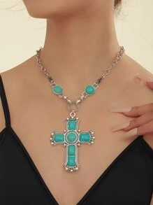 Turquoise Cross Charm Necklace - Blue - View 1