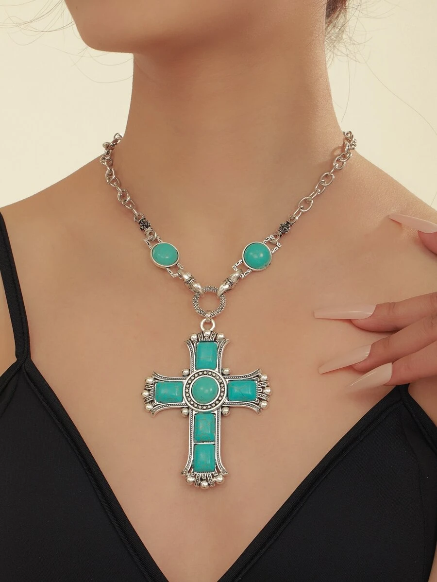 Turquoise Cross Charm Necklace - Blue - View 1