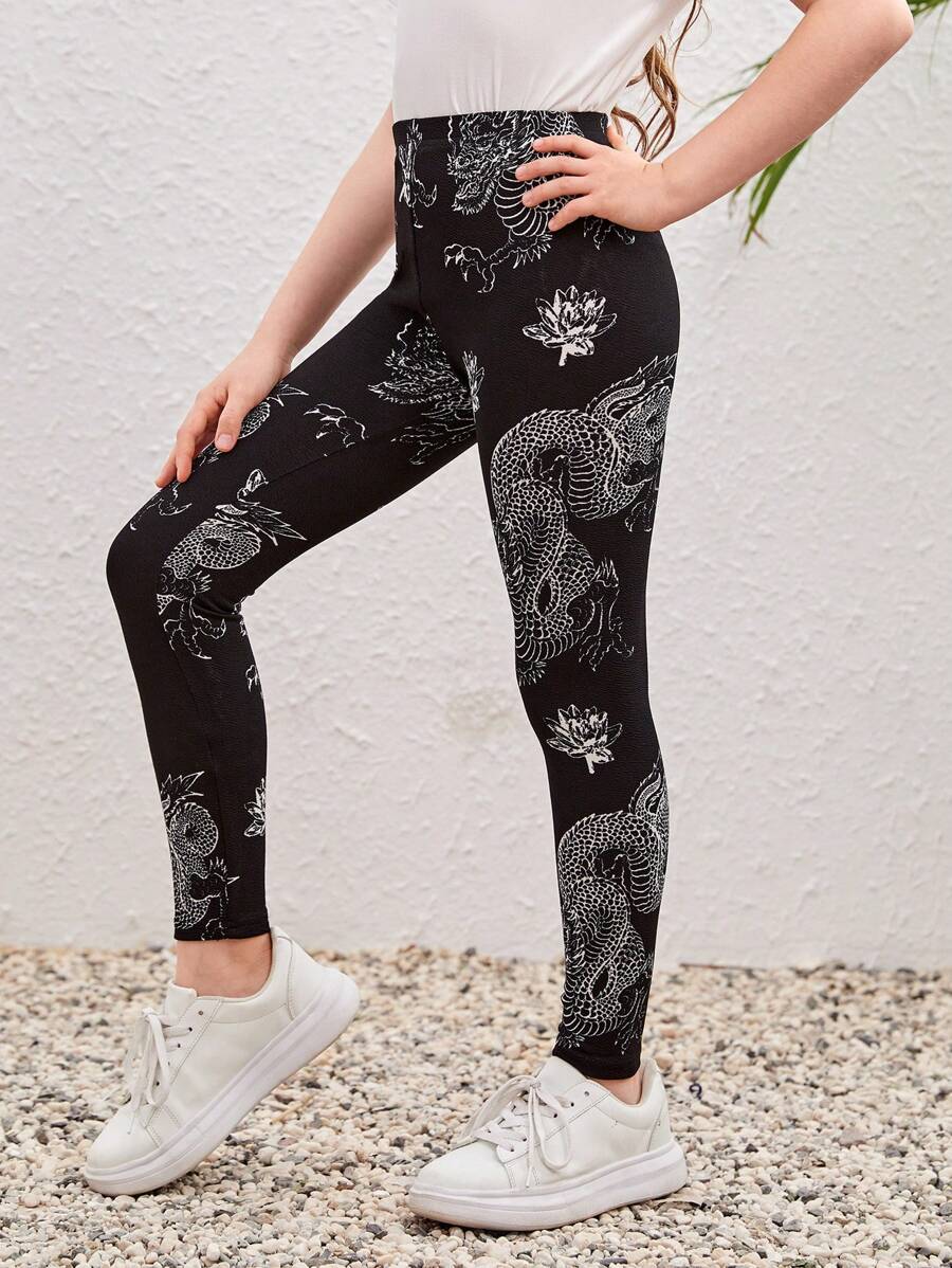 SHEIN Girls Chinese Dragon Print Leggings - Black and White - View 1