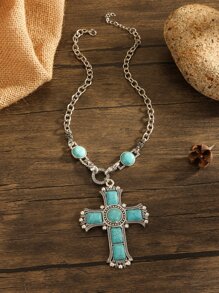 Turquoise Cross Charm Necklace - Blue - View 2