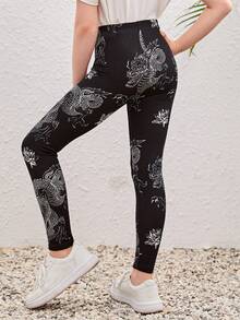 SHEIN Girls Chinese Dragon Print Leggings - Black and White - View 2