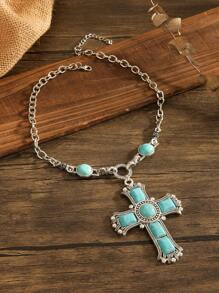 Turquoise Cross Charm Necklace - Blue - View 3