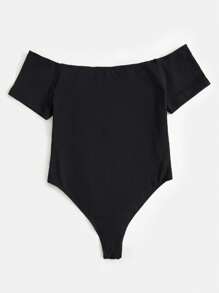 SHEIN BASICS 加肥型露肩帶肋編織連身衣 - 黑色 - 查看 8