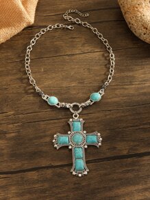 Turquoise Cross Charm Necklace - Blue - View 4