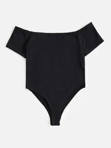 SHEIN BASICS 加肥型露肩帶肋編織連身衣 - 黑色 - 查看 9