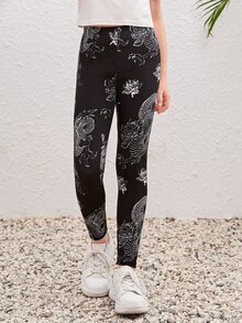 SHEIN Girls Chinese Dragon Print Leggings - Black and White - View 4