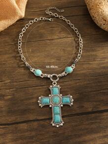 Turquoise Cross Charm Necklace - Blue - View 5