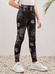 SHEIN Girls Chinese Dragon Print Leggings - Black and White - View 5