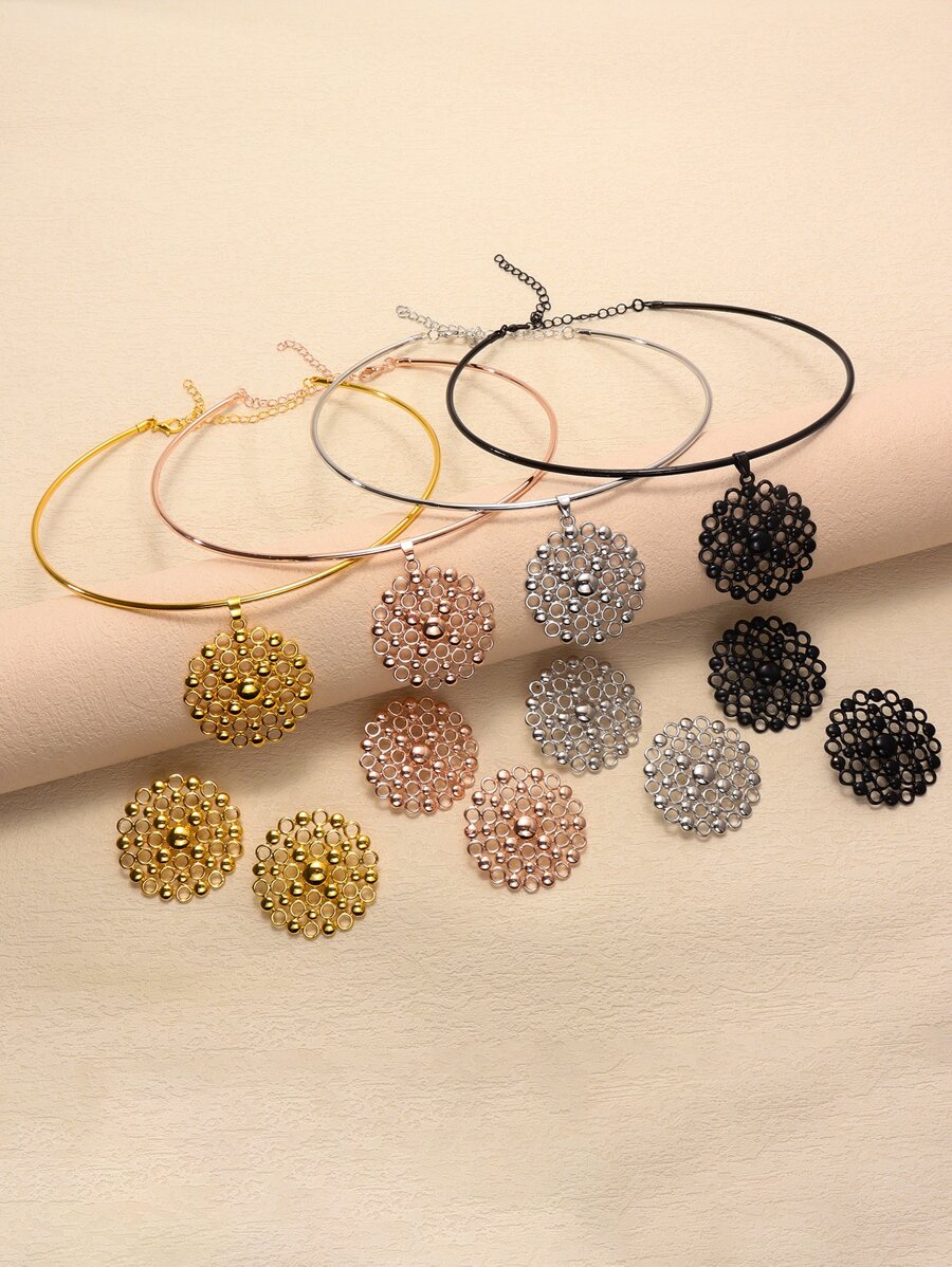 Hollow Out Round Charm Necklace & Stud Earrings