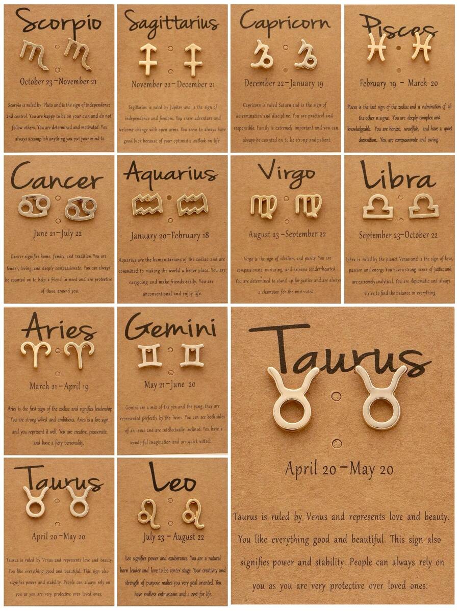 1對時尚鋅合金星座象徵耳釘適合女士日常裝飾 - 金黃色 - 查看 1