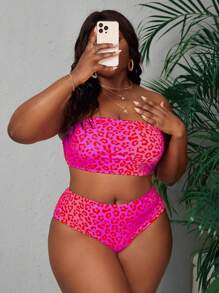SHEIN Slayr 2pcs/Set Plus Size Women Leopard Print Bandeau Sexy Bikini Set, 2025 Summer