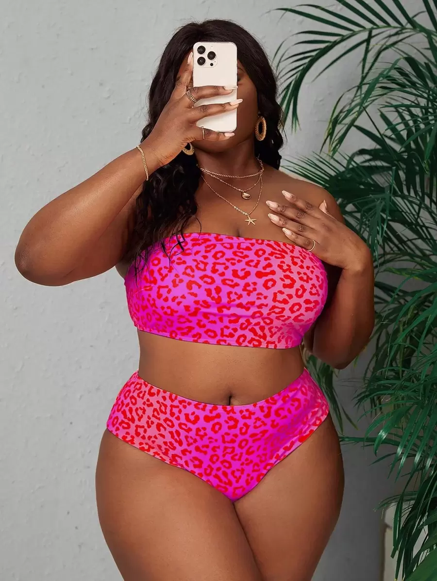 SHEIN Slayr 2pcs/Set Plus Size Women Leopard Print Bandeau Sexy Bikini Set, 2025 Summer
