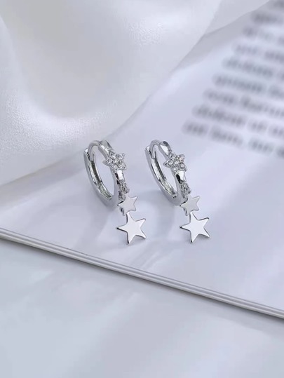 1 Pair "Unique" Popular Star Shaped Copper Micro-Inlaid Earrings/New Arrival EU/US Style Copper Micro-Inlaid Cubic Zirconia Double Shooting Star Luxury Earrings, All Season Suitable For Women Student/Business/Holiday/Party/Daily Wear (2025 Yiwu Jewelry Recommended Exclusive Item)