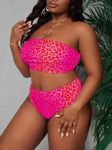 SHEIN Slayr 2pcs/Set Plus Size Women Leopard Print Bandeau Sexy Bikini Set, 2025 Summer