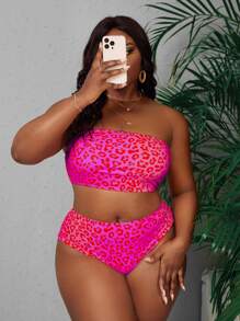 SHEIN Slayr 2pcs/Set Plus Size Women Leopard Print Bandeau Sexy Bikini Set, 2025 Summer
