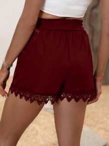 SHEIN VCAY Guipure Lace Trim Paperbag Waist Belted Shorts - Burgundy - View 2