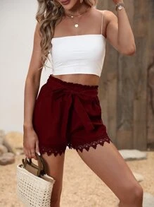 SHEIN VCAY Guipure Lace Trim Paperbag Waist Belted Shorts - Burgundy - View 5