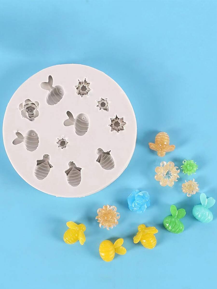 1 件蜜蜂和花朵形状模具适用于手工粘土、软陶、DIY 树脂环氧滴注液体硅胶工艺品 - 杏色 - 查看 1