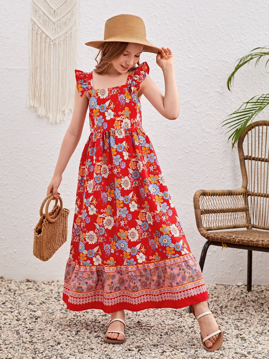 SHEIN Chicas Vestido con estampado floral ribete con fruncido - Multicolor - Ver 1