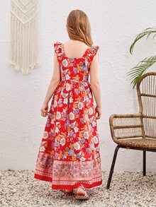 SHEIN Chicas Vestido con estampado floral ribete con fruncido - Multicolor - Ver 2