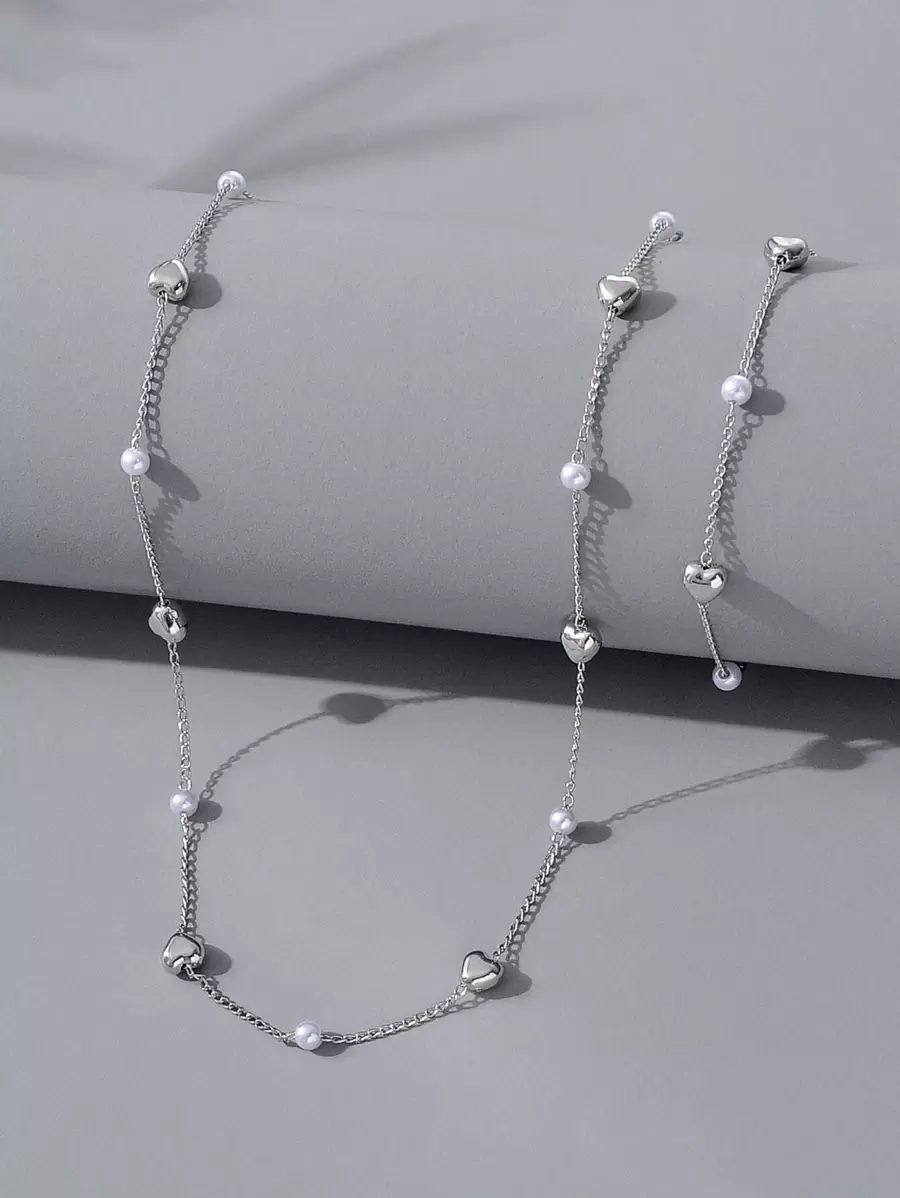 1pc Faux Pearl & Heart Shaped Fashionable Simple Elegant Women's Jewelry Set With Random Quantity, Including Necklace And Bracelet