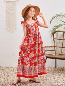 SHEIN Chicas Vestido con estampado floral ribete con fruncido - Multicolor - Ver 3