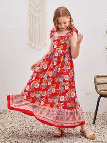 SHEIN Chicas Vestido con estampado floral ribete con fruncido - Multicolor - Ver 4