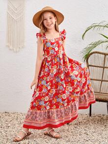 SHEIN Chicas Vestido con estampado floral ribete con fruncido - Multicolor - Ver 5