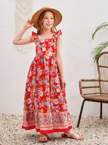 SHEIN Chicas Vestido con estampado floral ribete con fruncido - Multicolor - Ver 6