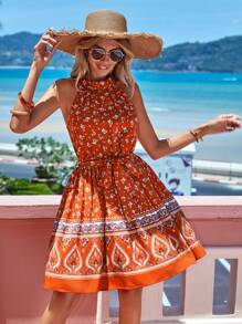 SHEIN VCAY Paisley & Ditsy Floral Print Belted Halter Dress - Multicolor - View 3