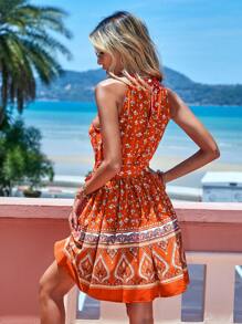 SHEIN VCAY Paisley & Ditsy Floral Print Belted Halter Dress - Multicolor - View 2